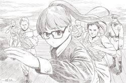 Rule 34 | 1girl, 5boys, boots, brown theme, closed mouth, dated, floating hair, glasses, horikou, incoming attack, looking at viewer, military, military uniform, monochrome, multiple boys, oogaki chiaki, ponytail, sailor, shirt, signature, soviet, striped clothes, striped shirt, telnyashka, uniform, yurucamp