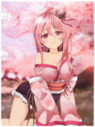 Rule 34 | 1girl, absurdres, bare shoulders, blush, breasts, cleavage, hair ornament, happy, highres, japanese clothes, kaku-san-sei million arthur, kimono, kneeling, large breasts, legs, long hair, looking at viewer, million arthur (series), no bra, pink eyes, pink hair, smile, solo, thighs, tree
