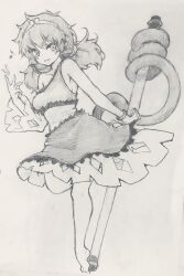 Rule 34 | 1girl, :3, absurdres, barefoot, bracelet, carbohydrate (asta4282), circlet, closed mouth, commentary request, dress, full body, greyscale, highres, jewelry, looking at viewer, low twintails, medium hair, monkey tail, monochrome, musical note, ruyi jingu bang, simple background, single-shoulder dress, sketch, solo, son biten, tail, touhou, traditional media, twintails