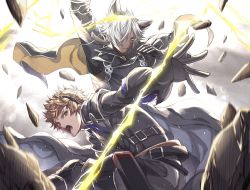 Rule 34 | 2boys, animal ears, armor, black armor, black cape, black hairband, blue eyes, brown eyes, brown hair, cape, closed mouth, erune, eustace (granblue fantasy), fighting stance, gran (granblue fantasy), granblue fantasy, grey hair, hairband, highres, lightning, looking at viewer, male focus, multiple boys, open mouth, relic buster (granblue fantasy), rock, short hair, shoulder armor, shoulder pads, zanki