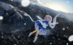 Rule 34 | 1girl, :d, black eyes, blue dress, bobby socks, dress, flying, full body, highres, juliet sleeves, letty whiterock, light purple hair, long sleeves, mountain, open mouth, outstretched arms, puffy sleeves, scarf, short hair, smile, snowing, socks, solo, spread arms, suna (s73d), sunlight, touhou, white scarf, white socks