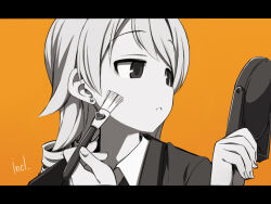 Rule 34 | 1girl, collared shirt, cosplay, cosplay request, earrings, formal, hands up, holding, idolmaster, idolmaster cinderella girls, jewelry, letterboxed, long hair, makeup brush, monochrome, morikubo nono, orange background, parted lips, revision, ringlets, shirt, simple background, solo, stud earrings, suit, uccow