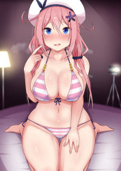 Rule 34 | 1girl, absurdres, barefoot, bed sheet, beret, bikini, blue eyes, blurry, blurry background, blush, breasts, breath, collarbone, commentary request, embarrassed, full-face blush, full body, hair between eyes, hair ornament, hat, highres, large breasts, low tied hair, navel, ochikobore fruit tart, open mouth, pink hair, pointing, pointing at self, sakura ino, shiny skin, sidelocks, sitting, solo, sura sura, sweat, sweatdrop, swimsuit, thighs, wariza, worried