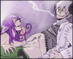 Rule 34 | 00s, 1boy, 1girl, animal ears, artist request, blair (soul eater), blush, cat ears, franken stein (soul eater), licking, nail, penis, purple hair, scar, smoking, soul eater, stitches, uncensored