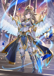 Rule 34 | 1girl, angel, angel wings, arm guards, armor, armored boots, blue eyes, boobplate, boots, breastplate, breasts, bright pupils, brown hair, closed mouth, elbow pads, evening, expressionless, falken (yutozin), faulds, from below, full body, halo, highres, holding, holding weapon, knee pads, light particles, long hair, looking to the side, medium breasts, original, outdoors, polearm, sidelocks, solo, stairs, standing, stone stairs, sunset, thighhighs, tiara, waist cape, weapon, white pupils, wings, zettai ryouiki