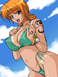 Rule 34 | 1girl, :d, alternate hairstyle, bangle, bare shoulders, bikini, bikini tan, bracelet, breasts, brown eyes, cleavage, cloud, covered erect nipples, cowboy shot, day, female focus, from side, green bikini, groin, hand on own chest, highleg, highleg bikini, highleg swimsuit, index finger raised, jewelry, kagami hirotaka, large breasts, log pose, looking at viewer, looking back, nami (one piece), navel, one piece, open mouth, orange hair, outdoors, scrunchie, short hair, short twintails, side-tie bikini bottom, sketch, sky, smile, solo, standing, strap pull, swimsuit, tan, tanline, tattoo, thong, thong bikini, twintails