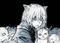 Rule 34 | 1girl, animal ears, black background, cat, cat ears, commentary request, green eyes, looking at viewer, monochrome, neko zukin, open mouth, original, short hair, solo, spot color, upper body