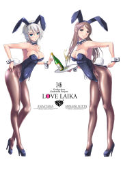 Rule 34 | 10s, 2girls, alcohol, anastasia (idolmaster), animal ears, bare shoulders, black legwear, blue eyes, bottle, bow, bowtie, breasts, brown eyes, brown hair, champagne, champagne flute, cleavage, cup, detached collar, drinking glass, fake animal ears, fishnet pantyhose, fishnets, hand on own hip, high heels, highres, idolmaster, idolmaster cinderella girls, knees, legs, leotard, leotard pull, long hair, multiple girls, nenchi, nitta minami, no bra, no panties, pantyhose, playboy bunny, rabbit ears, rabbit tail, see-through, see-through legwear, short hair, silver hair, tail, tray, wine glass, wrist cuffs