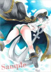 Rule 34 | 1girl, anchor, anchor symbol, arim0k0, ass, black cape, black footwear, black hair, blue sky, breasts, cape, closed mouth, cloud, corrupted twitter file, from behind, green eyes, hat, highres, looking at viewer, looking back, medium breasts, murasa minamitsu, outdoors, sailor, sailor hat, sample watermark, shirt, shorts, sky, smile, solo, touhou, traditional media, underboob, wading, watermark, white shirt, white shorts