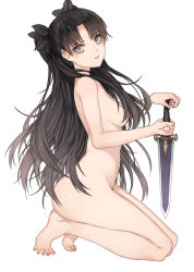Rule 34 | 1girl, barefoot, black hair, blue eyes, breasts, command spell, dagger, fate/stay night, fate (series), feet, from side, haijin, hair censor, kneeling, knife, long hair, long legs, looking at viewer, nude, parted bangs, popoccpo, seiza, sitting, solo, toes, tohsaka rin, twintails, two side up, weapon