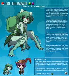 Rule 34 | 1boy, 1girl, artist name, brown eyes, bulbasaur, character profile, commentary, creatures (company), english commentary, english text, feathers, game freak, gen 1 pokemon, green hair, green skirt, hat, hat feather, highres, kinkymation, leaf clothing, monster girl, monsterification, nintendo, open mouth, personification, poke ball, pokemon, profile, purple hair, red eyes, short hair, skirt, squatting, tail
