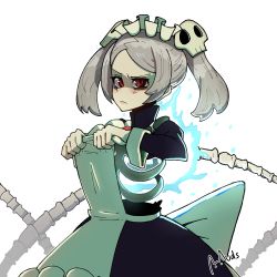 Rule 34 | 1girl, absurdres, apron, bloody marie (skullgirls), blush, brooch, energy, frilled apron, frills, frown, grey hair, hair ornament, highres, jewelry, looking at viewer, maid apron, maid headdress, muds (tentacles r us), red eyes, skeleton, skull hair ornament, skullgirls, solo, twintails, upper body