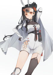 Rule 34 | 1girl, aaoshigatoutoi, absurdres, arm behind head, black hair, blush, bodystocking, breasts, cape, closed mouth, dress, earpiece, eyewear on head, feet out of frame, girls&#039; frontline, gloves, hair bun, hand on own hip, highres, long hair, looking at viewer, mechanical ears, medium breasts, model pose, nail polish, orange eyes, qbz-191 (girls&#039; frontline), red nails, safety glasses, simple background, solo, standing, white background, white cape, white dress, white gloves