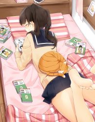 Rule 34 | 1girl, ^ ^, alarm clock, animal, animal on back, bare legs, barefoot, bed, bed sheet, black skirt, blanket, blush, book, brown hair, cellphone, clock, closed mouth, closed eyes, feet, from behind, hazuki natsu, indoors, legs up, long hair, long sleeves, manga (object), miniskirt, on bed, open book, original, phone, photo (object), picture frame, pillow, pleated skirt, school uniform, serafuku, skirt, smartphone, smile, soles, solo, striped, striped pillow, toes, twintails, twitter username