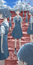 Rule 34 | 6+girls, :|, absurdres, arms at sides, arms behind back, ayanami rei, black legwear, blue dress, blue hair, ciloranko, clone, closed mouth, cloud, commentary request, dress, expressionless, from side, full body, grey footwear, highres, looking to the side, multiple girls, neon genesis evangelion, ocean, perspective, pinafore dress, rebuild of evangelion, red eyes, rock, shirt, shirt tucked in, short hair, short sleeves, sky, sleeveless dress, socks, standing, straight-on, wading, white shirt