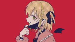 Rule 34 | 1girl, bad id, bad twitter id, belt, blonde hair, ear piercing, earrings, from side, fuzuki miki, hair behind ear, heart, heart earrings, indie virtual youtuber, jewelry, mask, mask pull, mouth mask, no1shyv, parody, patterned hair, piercing, red background, ring, second-party source, short hair, simple background, solo, two side up, unmoving pattern, upper body, vampire (vocaloid), virtual youtuber, vocaloid, watch, wristwatch