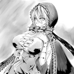Rule 34 | 1girl, artist request, black cloak, breasts, cleavage, cloak, code vein, dress, hands on own chest, hood, io (code vein), large breasts, monochrome, short hair, solo, torn clothes, white dress, white hair