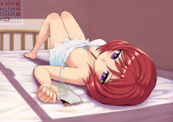 Rule 34 | 10s, 1girl, bare legs, barefoot, bed, bow, breasts, breasts apart, calendar, calendar (object), chemise, coupe50, covered erect nipples, downblouse, dress, eating, feet, food, love live!, love live! school idol project, lying, mouth hold, nishikino maki, no bra, off shoulder, on back, on bed, pocky, purple eyes, red hair, shiny skin, short hair, solo, strap slip, translated, upside-down, window shadow