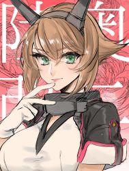Rule 34 | 1girl, bare shoulders, breasts, brown hair, character name, collar, commentary request, dated, gloves, green eyes, hairband, headgear, highres, kantai collection, large breasts, machi (ritovoyage), mutsu (kancolle), mutsu kai ni (kancolle), pink background, pink lips, radio antenna, short hair, solo, twitter username, upper body, white gloves
