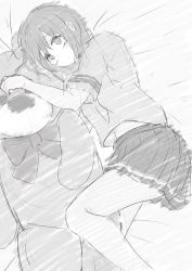 Rule 34 | 1girl, 7 calpis 7, bed sheet, blush, closed mouth, commentary request, greyscale, hair between eyes, highres, lying, monochrome, on side, original, oversized object, pleated skirt, school uniform, shirt, short sleeves, skirt, solo, stuffed animal, stuffed toy, teddy bear