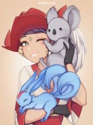 Rule 34 | 1girl, animal, animal hug, animal on arm, arm up, artist name, artist request, au ra, beige background, black gloves, black hair, commentary, commission, cross, dragon horns, facial mark, final fantasy, final fantasy xiv, forehead mark, gloves, gradient background, hat, heart, highres, holding, horns, japanese clothes, kimono, koala, looking at viewer, one eye closed, red hat, red kimono, shellvi, short sleeves, smile, solo, tearing up, teeth, upper body, warrior of light (ff14), white kimono