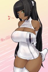 Rule 34 | 1girl, arms behind back, black hair, breasts, cleavage, console, covered erect nipples, dark-skinned female, dark skin, dress, game console, green eyes, huge breasts, kei jiei, long hair, looking at viewer, personification, playstation 3, ponytail, product girl, skindentation, smile, sony, thighhighs, third-party edit, white thighhighs