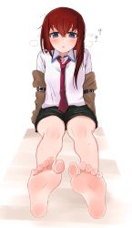 Rule 34 | 1girl, absurdres, bare legs, barefoot, black shorts, blue eyes, blush, breasts, breath, brown jacket, collared shirt, feet, foot focus, foreshortening, full body, hair between eyes, highres, jacket, kahlua (artist), long hair, long sleeves, looking at viewer, makise kurisu, necktie, off shoulder, red hair, red necktie, shirt, short shorts, shorts, simple background, sitting, small breasts, soles, solo, steins;gate, sweat, sweatdrop, toes, triangle mouth, white background, white shirt