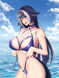 Rule 34 | 1girl, absurdres, animal ears, arm tattoo, belt collar, bikini, black hair, blue bikini, blue collar, blue sky, breasts, cetacean tail, chest tattoo, cleavage, cloud, collar, criss-cross halter, engwaily, facial tattoo, fins, fish tail, halterneck, highres, indie virtual youtuber, large breasts, leg tattoo, long hair, looking at viewer, multicolored hair, navel, open mouth, orca girl, purple eyes, shylily, shylily (bikini), sky, streaked hair, striped bikini, striped clothes, swimsuit, tail, tattoo, virtual youtuber, wading, water, white hair