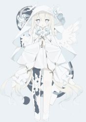 Rule 34 | 1girl, angel, angel wings, black thighhighs, blonde hair, blue background, blue bow, blue eyes, bow, cape, cross, dress, extra hands, frilled cape, frills, gold trim, hair between eyes, hat ornament, highres, holding, holding cross, hood, long hair, looking at viewer, melting, multicolored clothes, multicolored hair, multicolored legwear, original, parted lips, praying, simple background, single thighhigh, snake6tenpura, solo, standing, streaked hair, tears, thighhighs, white dress, white hood, white thighhighs, wings