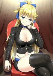 Rule 34 | 1girl, :q, armchair, black shorts, black thighhighs, blonde hair, blue bow, blue eyes, blush, bow, breasts, buckle, buttons, chair, cleavage, cleavage cutout, closed mouth, clothing cutout, collar, collarbone, crossed legs, curtains, hair bow, head tilt, large breasts, long hair, long sleeves, looking at viewer, navel, shaonyu cofee gun, shorts, sitting, skindentation, sky-freedom, smile, solo, stomach, thighhighs, thong, tongue, tongue out, very long hair