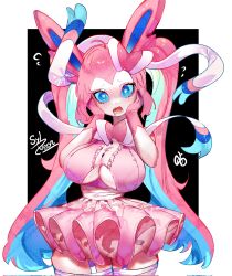 Rule 34 | animal ears, blue eyes, blue hair, blue sclera, breasts, clothing cutout, colored sclera, creatures (company), drooling, furry, furry female, game freak, garter straps, gen 6 pokemon, heart, heart-shaped pupils, heart print, highres, large breasts, long hair, looking at viewer, multicolored hair, nintendo, pink fur, pink hair, pokemon, pokemon (creature), ribbon, sylveon, symbol-shaped pupils, thick thighs, thighhighs, thighs, togetoge, twintails, underboob, underboob cutout, wide hips, zettai ryouiki