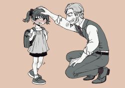Rule 34 | 1boy, 1girl, backpack, bag, beard, blush, child, facial hair, formal, full body, greyscale with colored background, grin, hair ornament, hair scrunchie, headpat, highres, looking to the side, necktie, old, old man, open mouth, original, pants, randoseru, scrunchie, shoes, shorts, smile, socks, spot color, sweat, twintails, vest, zinbei