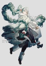 Rule 34 | 1girl, braid, character name, dress, full body, fur trim, gloves, green eyes, green hair, grey background, hatsune miku, highres, holly, liita (dusk snow), looking back, signature, solo, tagme, vocaloid, winter clothes, yuki miku