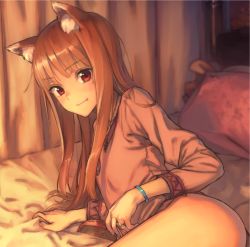 Rule 34 | 1girl, animal ears, bed, bed sheet, blurry, blush, brown hair, comb, depth of field, fang, fang out, flat chest, highres, hip focus, holo, indoors, jewelry, kawakami rokkaku, long sleeves, looking at viewer, lying, necklace, no panties, on side, pillow, red eyes, ring, room, sheet grab, shirt, smile, solo, sparkle, spice and wolf, thighs, wedding band, wolf ears, wolf girl, wristband