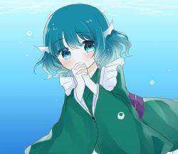 Rule 34 | 1girl, aqua hair, blue eyes, blush, bubble, commentary request, covering own mouth, drill hair, eyes visible through hair, fins, gradient background, green kimono, head fins, highres, japanese clothes, kimono, long sleeves, looking at viewer, one-hour drawing challenge, own hands clasped, own hands together, purple sash, sash, short hair, solo, touhou, umi (nana spring), underwater, upper body, wakasagihime, wide sleeves