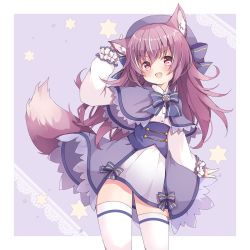 Rule 34 | 1girl, :d, animal ears, brown hair, capelet, commission, dress, fang, hat, highres, hoenaki warg, indie virtual youtuber, kawachi (hina), long hair, long sleeves, looking at viewer, open mouth, pink eyes, second-party source, skeb commission, skirt, smile, tail, thighhighs, v-shaped eyebrows, virtual youtuber, wolf ears, wolf girl, wolf tail