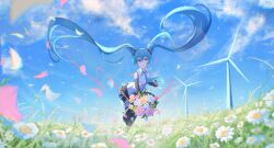 Rule 34 | 1girl, :o, absurdres, aoi- (yooseina), black footwear, black skirt, black sleeves, blue eyes, blue hair, blue necktie, blue sky, boots, bouquet, cloud, cloudy sky, collared shirt, day, detached sleeves, dot nose, falling petals, field, floating hair, flower, foot up, frilled shirt, frills, grass, hair between eyes, hatsune miku, headset, highres, holding, holding bouquet, landscape, long hair, long sleeves, looking at viewer, nature, necktie, open mouth, outdoors, petals, pink flower, pleated skirt, scenery, shirt, sidelocks, skirt, sky, sleeveless, sleeveless shirt, solo, thigh boots, thighhighs, tie clip, very long hair, vocaloid, white flower, white shirt, wide shot, wind, wind turbine, windmill, yellow flower, zettai ryouiki