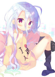 Rule 34 | 1girl, asymmetrical legwear, black thighhighs, blue hair, blush, closed mouth, clothes writing, commentary request, controller, feet, game controller, hair between eyes, holding, i heart..., looking at viewer, looking to the side, no game no life, no shoes, off shoulder, oversized clothes, pillow, red eyes, shiro (no game no life), shirt, short sleeves, sitting, soles, solo, thighhighs, thighhighs pull, translation request, uneven legwear, yellow shirt, yuizaki kazuya
