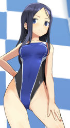 Rule 34 | 1girl, alice gear aegis, arm at side, arm behind back, bare arms, bare shoulders, blue eyes, blue hair, blush, breasts, checkered background, checkered wall, competition swimsuit, cowboy shot, hand on back, hand on leg, hand on own hip, light smile, long hair, looking at viewer, medium breasts, nikitou kanade, one-piece swimsuit, parted hair, shimada fumikane, solo, standing, straight hair, swimsuit