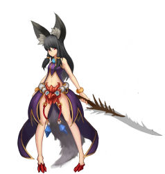 Rule 34 | 10s, 1girl, absurdres, animal ear fluff, animal ears, artist request, black hair, blade &amp; soul, bracelet, convenient censoring, dress, full body, highres, jewelry, legs, long hair, lyn (blade &amp; soul), mask, navel, red eyes, shoes, showgirl skirt, simple background, sketch, sleeveless, sleeveless dress, solo, sword, tail, weapon, white background, wolf ears