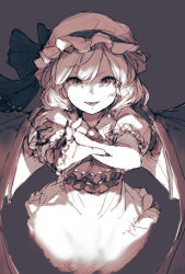 Rule 34 | 1girl, bat wings, bow, foreshortening, hat, hat bow, highres, junwool, looking at viewer, monochrome, no legs, remilia scarlet, short hair, sketch, solo, standing, touhou, wings