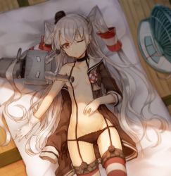 Rule 34 | 10s, 1girl, amatsukaze (kancolle), black panties, breasts, brown eyes, censored, choker, convenient censoring, dress, futon, garter straps, gloves, groin, kantai collection, long hair, looking at viewer, lying, md5 mismatch, on back, open clothes, panties, partially undressed, red thighhighs, rensouhou-kun, sailor dress, school uniform, serafuku, short dress, side-tie panties, silver hair, single glove, small breasts, solo, striped clothes, striped thighhighs, thighhighs, tomari (veryberry00), twintails, two side up, underwear, white gloves