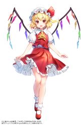 Rule 34 | 1girl, :d, bare legs, blonde hair, bloomers, blush, bobby socks, commentary request, crystal, flandre scarlet, hat, hat ribbon, looking at viewer, mary janes, miniskirt, mob cap, momoshiki tsubaki, one side up, open mouth, petticoat, puffy short sleeves, puffy sleeves, red eyes, red footwear, red ribbon, red skirt, red vest, ribbon, shirt, shoes, short hair, short sleeves, simple background, skirt, skirt set, smile, socks, solo, touhou, translation request, underwear, vest, white background, white bloomers, white hat, white shirt, white socks, wings