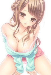 Rule 34 | 1girl, arm support, bad id, bad pixiv id, bare shoulders, blush, bra, braid, breasts, brown eyes, brown hair, cameltoe, cleavage, lace, lace bra, large breasts, long hair, looking at viewer, momoi komomo, off shoulder, original, panties, pantyshot, parted lips, pink bra, pink panties, seiza, shiny skin, simple background, sitting, skirt, smile, solo, strap slip, underwear, upskirt, white background