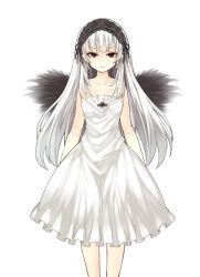 Rule 34 | 1girl, black wings, collarbone, doll joints, dress, hairband, joints, lolita hairband, long hair, looking at viewer, red eyes, rozen maiden, silver hair, simple background, solo, suigintou, tousen, white background, white dress, wings