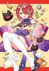 Rule 34 | 1girl, bare shoulders, candy, cat, chips (food), dango, floral print, flower, food, hair flower, hair ornament, hoozuki warabe, horns, japanese clothes, kimono, noripro, okobo, oni horns, open mouth, pointy ears, potato chips, red hair, sandals, smile, solo, tabi, tsukudani norio, two-tone background, virtual youtuber, wagashi, yellow eyes