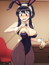 Rule 34 | 1girl, absurdres, animal ears, black hair, black leotard, blush, bow, bowtie, breasts, chair, cleavage, cowboy shot, dagger, embarrassed, fake animal ears, fake tail, highres, holding, holding dagger, holding knife, holding weapon, indoors, knife, large breasts, leotard, mangamaster, pantyhose, playboy bunny, rabbit ears, rabbit tail, red eyes, sidelocks, solo, spy x family, stiletto (weapon), strapless, strapless leotard, sweatdrop, tail, weapon, wrist cuffs, yor briar