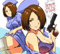 Rule 34 | 1girl, arm up, ass, blue dress, blue eyes, blue hat, bra, breasts, brown eyes, brown hair, buttons, cleavage, collarbone, commentary request, double-breasted, dress, eyes visible through hair, garter straps, gun, hair over one eye, handgun, hat, heterochromia, holding, holding gun, holding weapon, kamisimo 90, looking at viewer, lying, medium breasts, multiple views, nurse, nurse cap, off shoulder, on side, open clothes, open mouth, original, panties, pistol, puffy sleeves, purple bra, purple panties, short hair, short sleeves, skirt, smile, teeth, thighhighs, thighs, underwear, weapon, white thighhighs