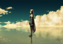 Rule 34 | 1girl, aqua eyes, aqua hair, arms at sides, black thighhighs, blush, bright (long-ago), detached sleeves, hatsune miku, horizon, long hair, looking up, profile, reflection, sky, solo, standing, standing on liquid, surreal, tattoo, thighhighs, twintails, vocaloid, water, zettai ryouiki