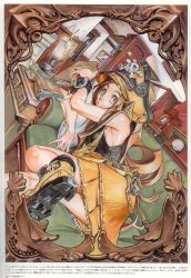Rule 34 | 1girl, absurdres, arc system works, artbook, bare shoulders, book, brown hair, candle, clothes writing, couch, dutch angle, female focus, green upholstery, guilty gear, hat, heart, highres, holding, ishiwatari daisuke, long hair, lying, may (guilty gear), official art, on side, orange hat, overalls, pirate, pirate hat, scan, shoes, skull, skull and crossbones, solo, table, yellow eyes